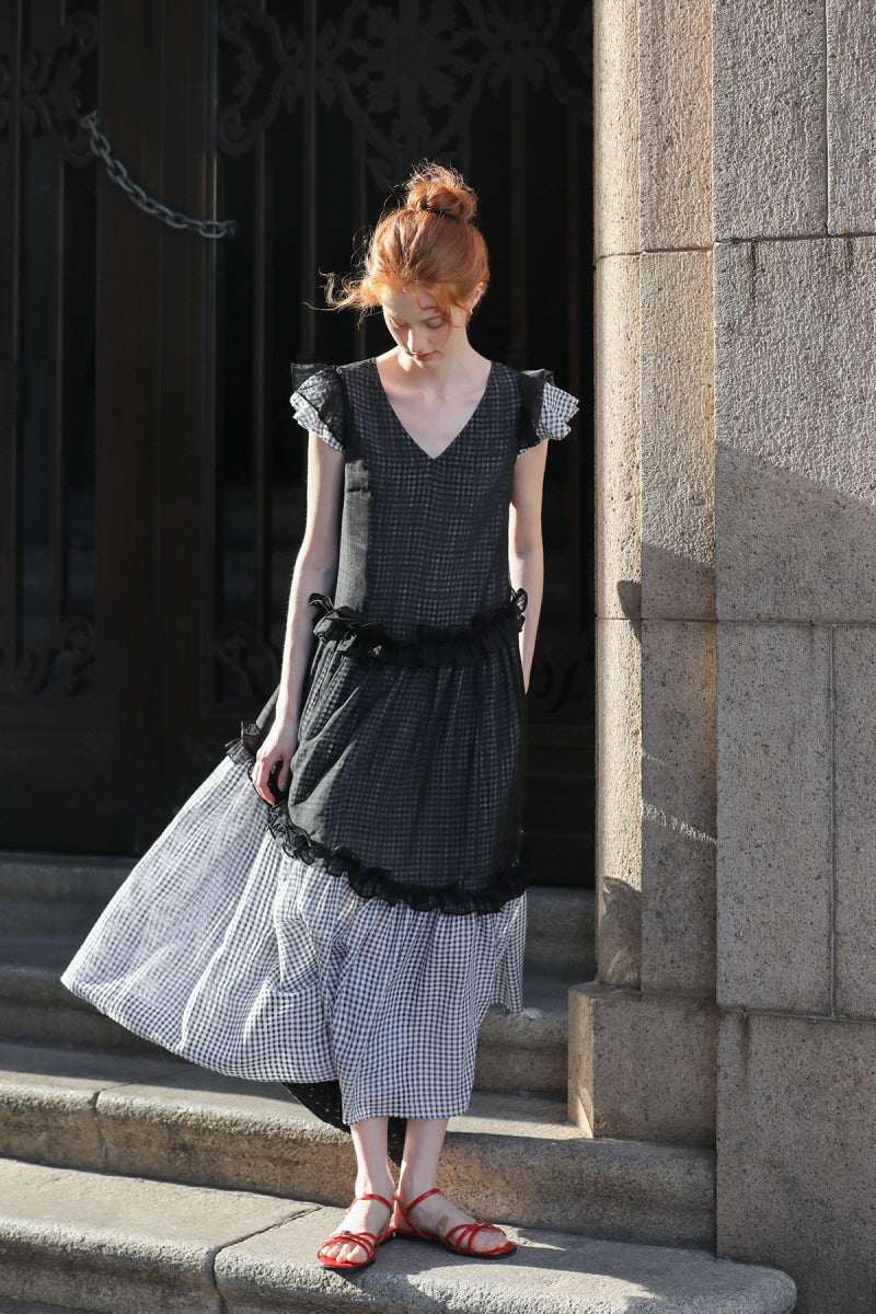 Gentle V-Neck Fly Sleeve Patchwork Check Dress
