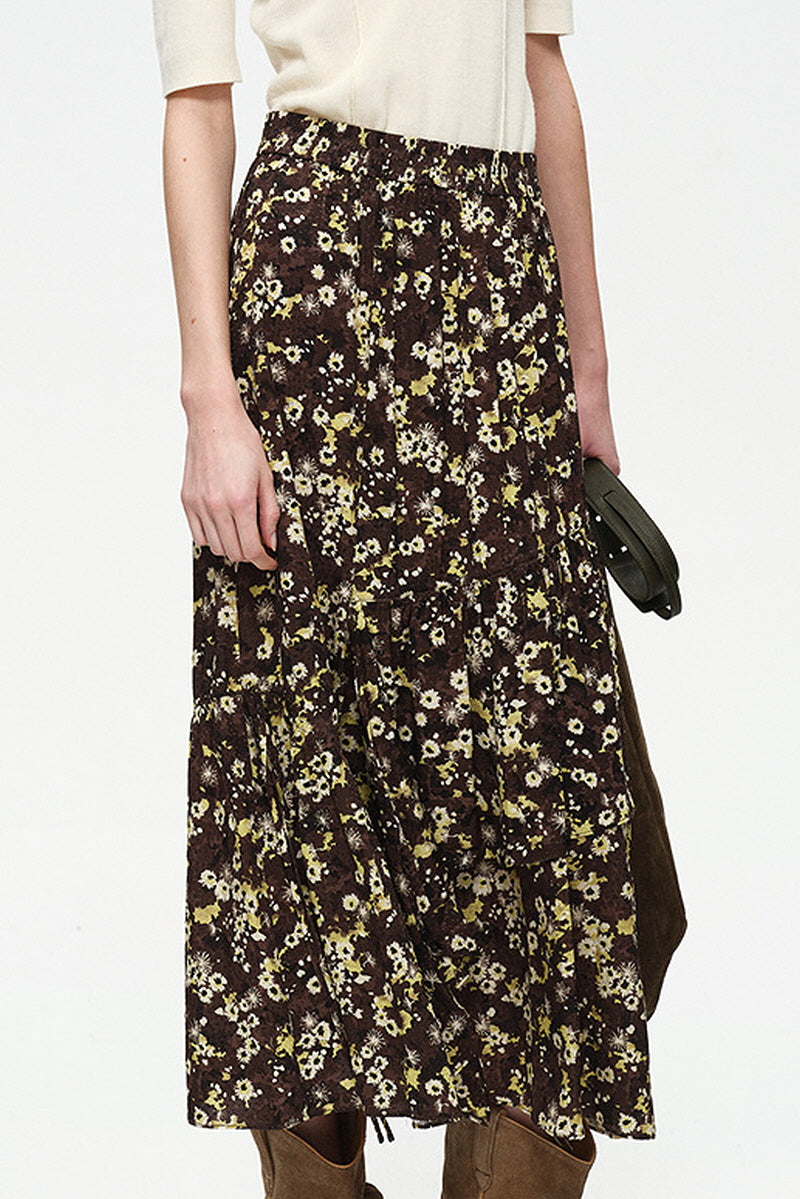 Lace-Up Vintage Floral Midi Skirt