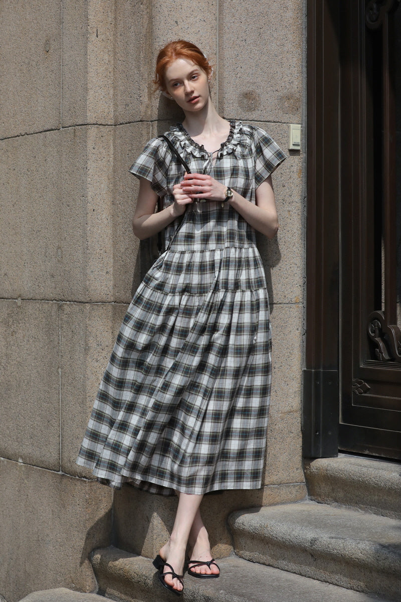 French Vintage Tie V-Neck Check Dress