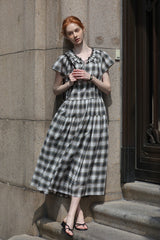 French Vintage Tie V-Neck Check Dress