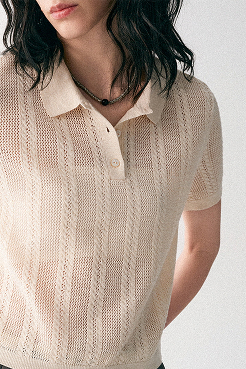 Cut-Out Texture Polo Neck Short Sleeve Smock T-Shirt