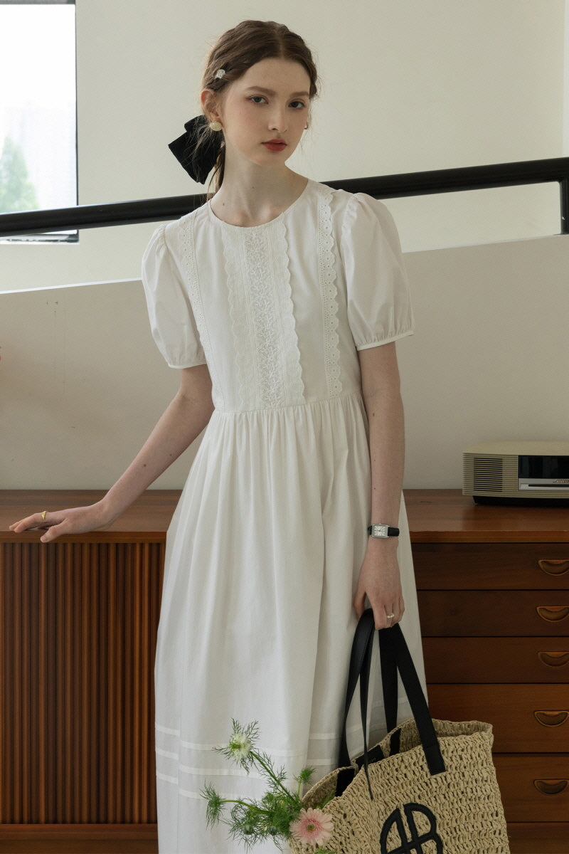 Puff Sleeve Round Neck Tie Bellflower Dress