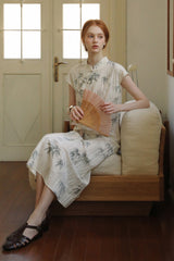 Diagonal Placket Ink Bamboo Cheongsam Dress
