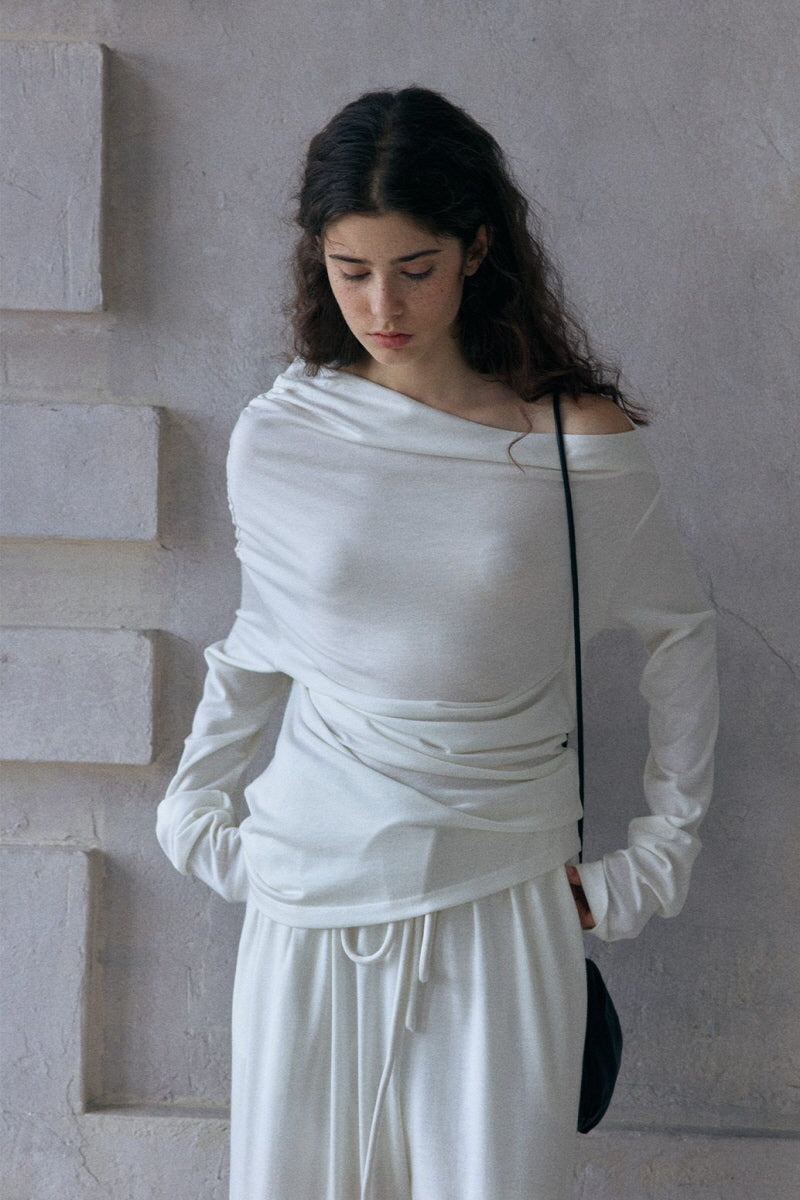 Lazy Irregular Collar Pleated Knitted Top