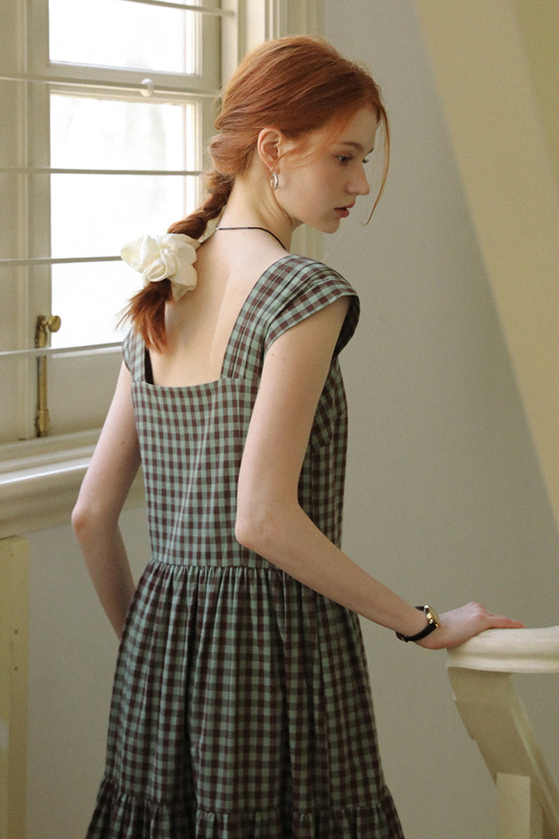 Square Neck High Waist Check Strap Dress