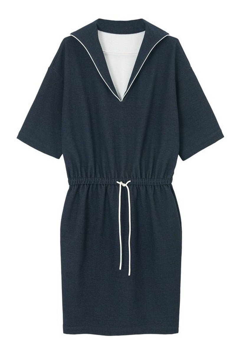 Contrast-Edge V-Neck Twill Dress