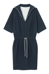 Contrast-Edge V-Neck Twill Dress
