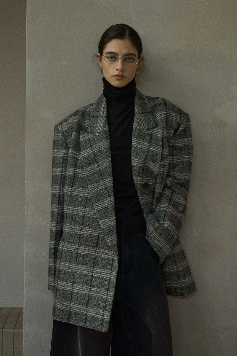 Retro Plaid Wide-Shoulder Suit Jacket