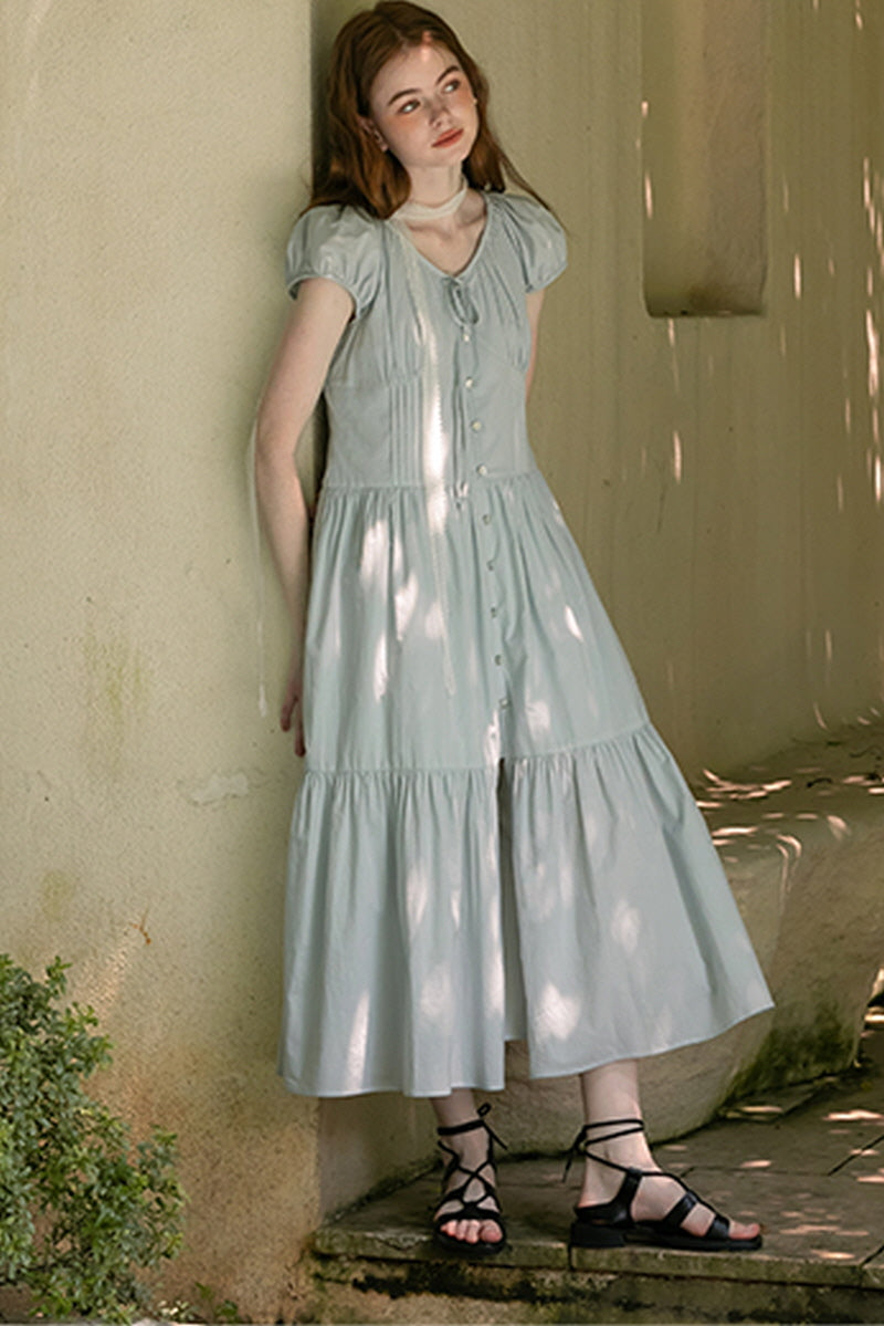 Shredded Pleated V-Neck Slim Shirt Dress