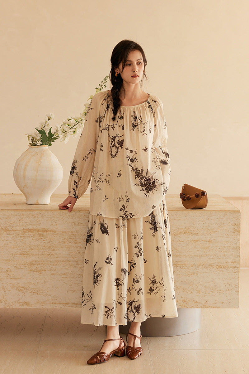 French Botanical Print Loose Shirt