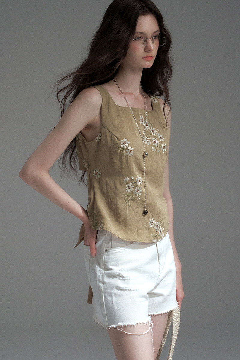 Back Cut-Out Embroidered Sleeveless Vest