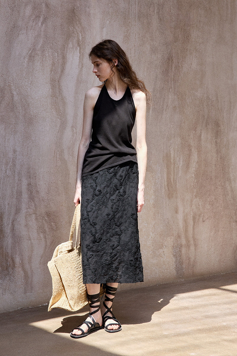 Embroidered Slit Midi Skirt