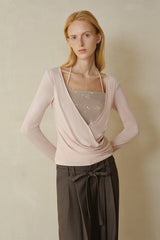 Overlapping Shirred Halterneck Pullover
