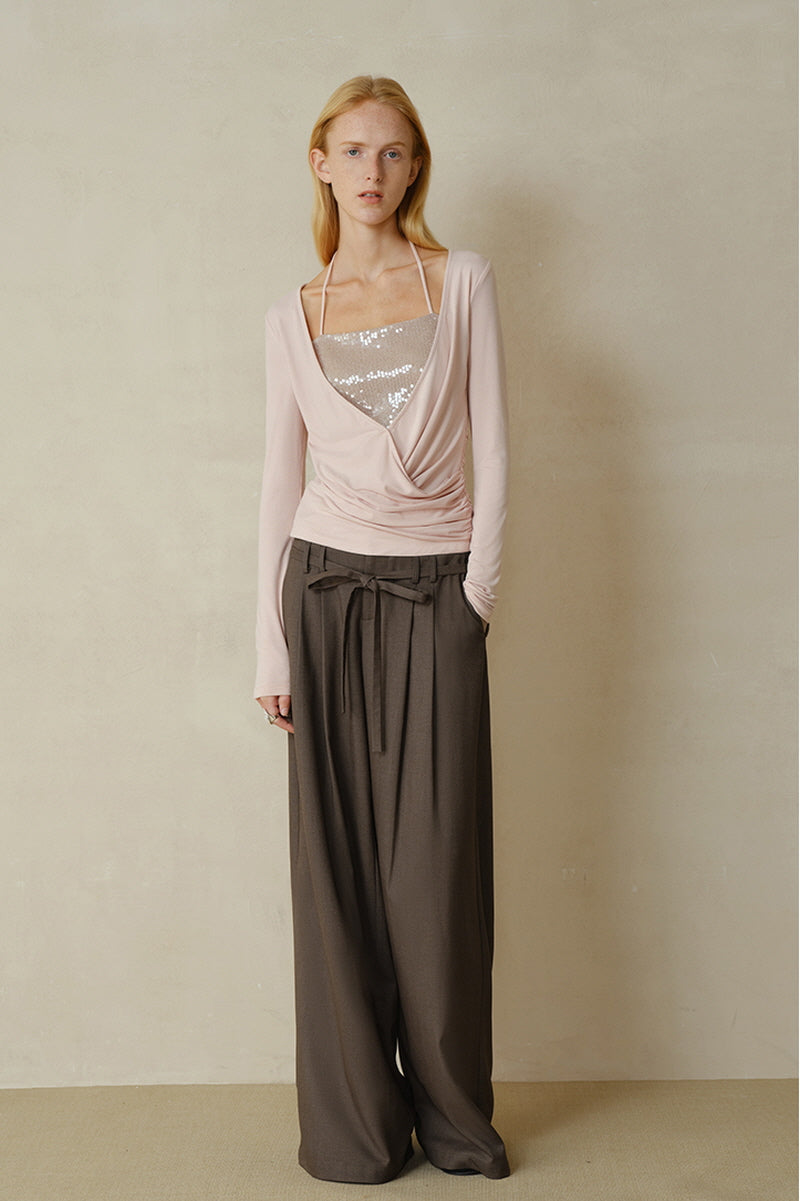 Overlapping Shirred Halterneck Pullover