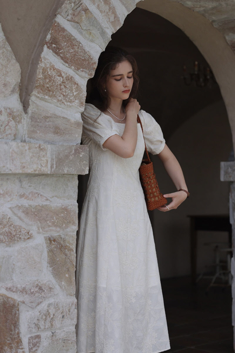 Square Neck Puff Sleeve Midi Dress