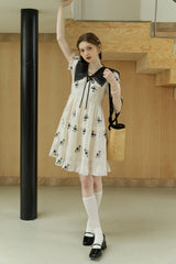 Navy Collar Paneled Embroidered Dress
