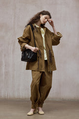 Washed Drawstring Crew Neck Jacket