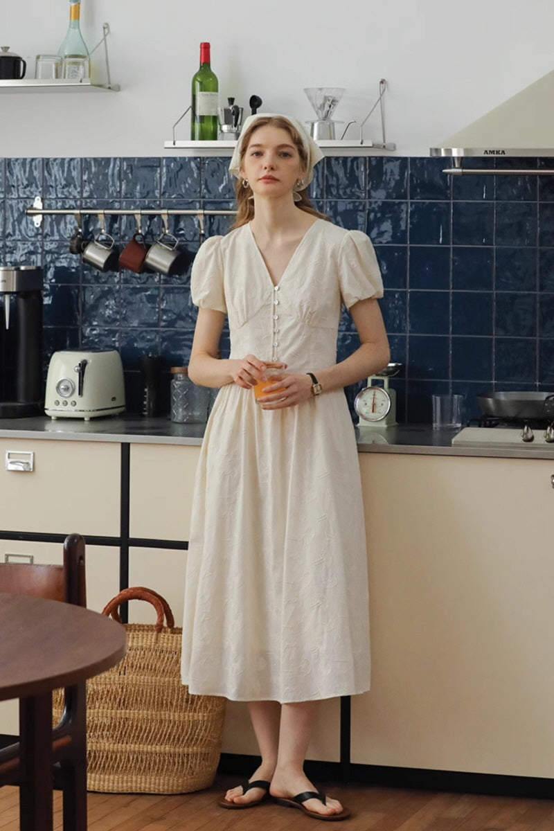 Gentle V-Neck Embroidered Long Dress
