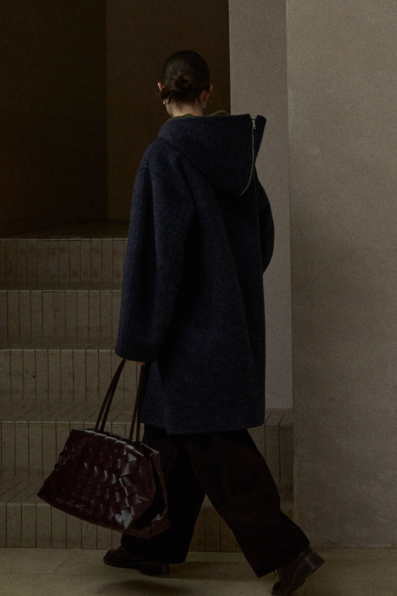 Hooded Scimitar-Sleeve Reversible Coat