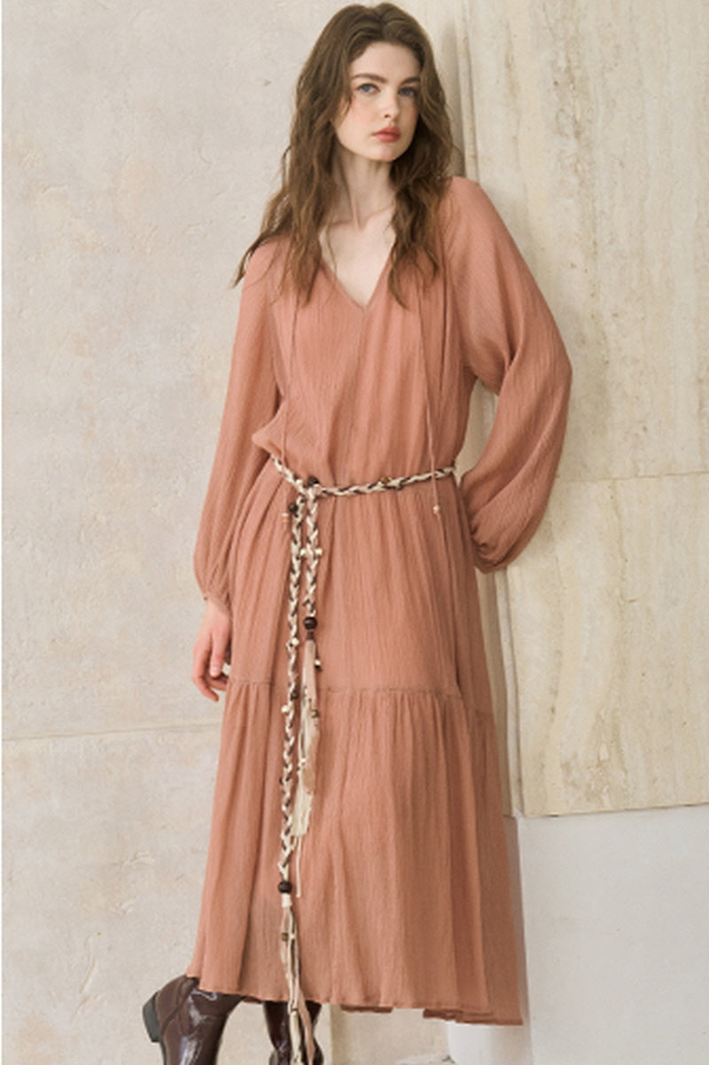 Ruffled V-Neck Long Dress