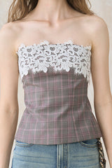 Plaid Lace Patchwork Bandeau Top