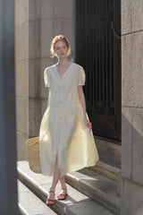 Split V-Neck Puff Sleeve Shirt Dress