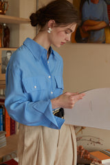 Bright Spring Blue Relaxed Lapel Long Shirt