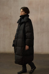 Matte Detachable-Hood Long Down Jacket