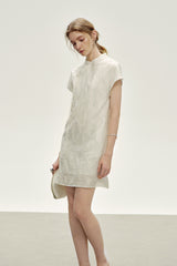 Asymmetric Button Stand Collar Mini Dress