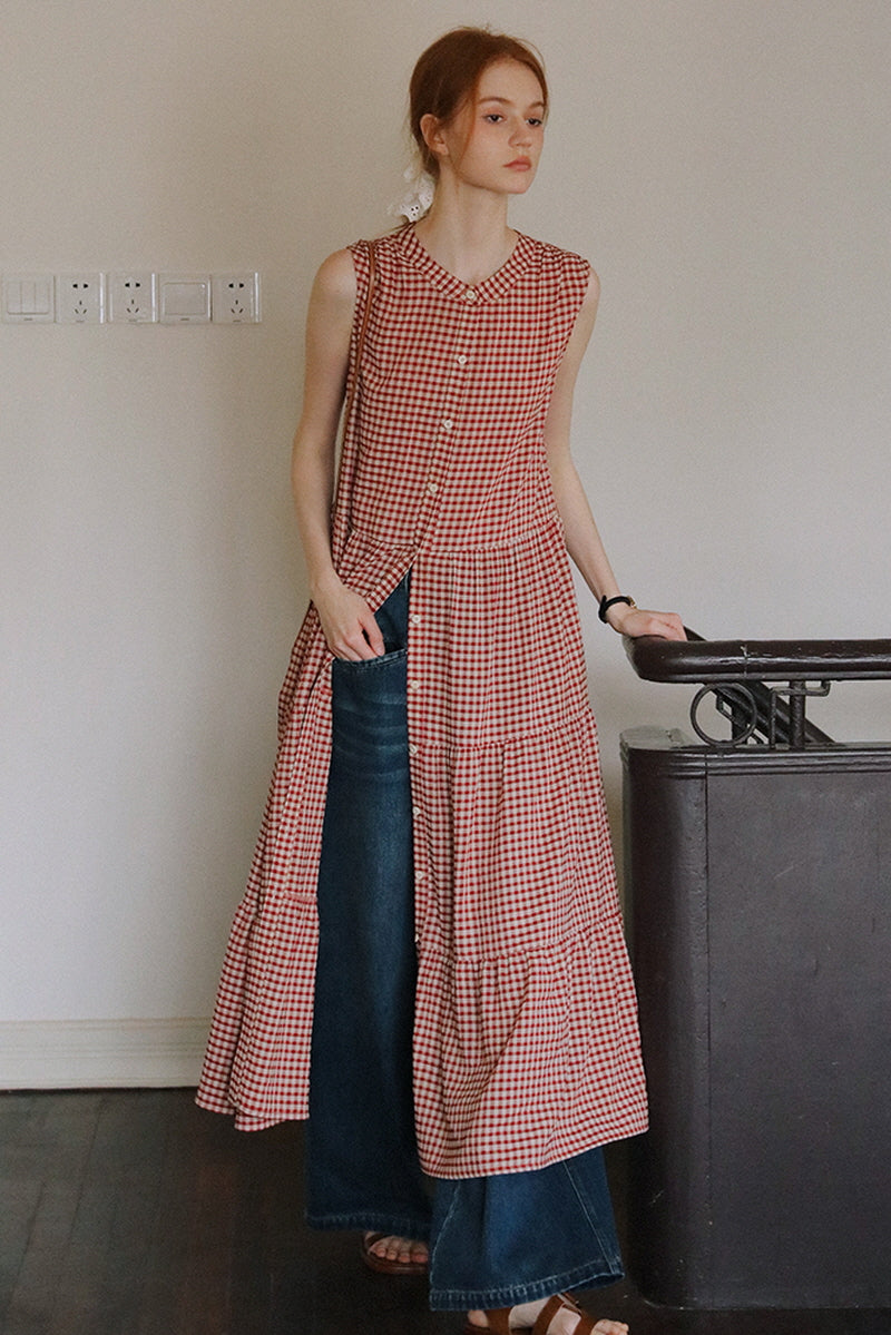 Vintage Lace-Up Check Dress