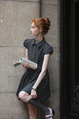 Diagonal Placket Puff Sleeve Shirt Dress
