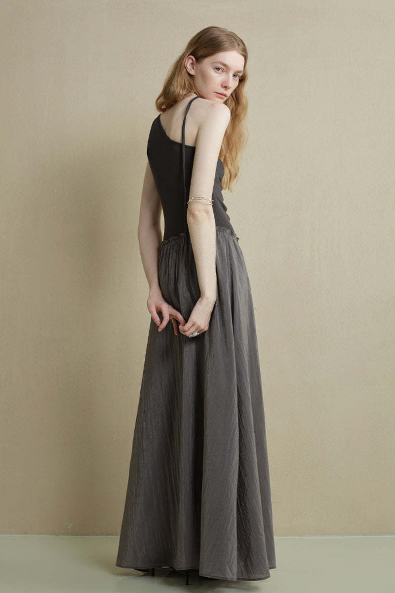 Irregular Panel Pleated Slanted-Shoulder Dress