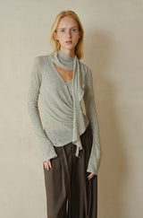 Cross-Drape Pleated V-Neck Flared Sleeve Top