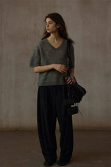 V-Neck Loose Short Sleeve Knit Top