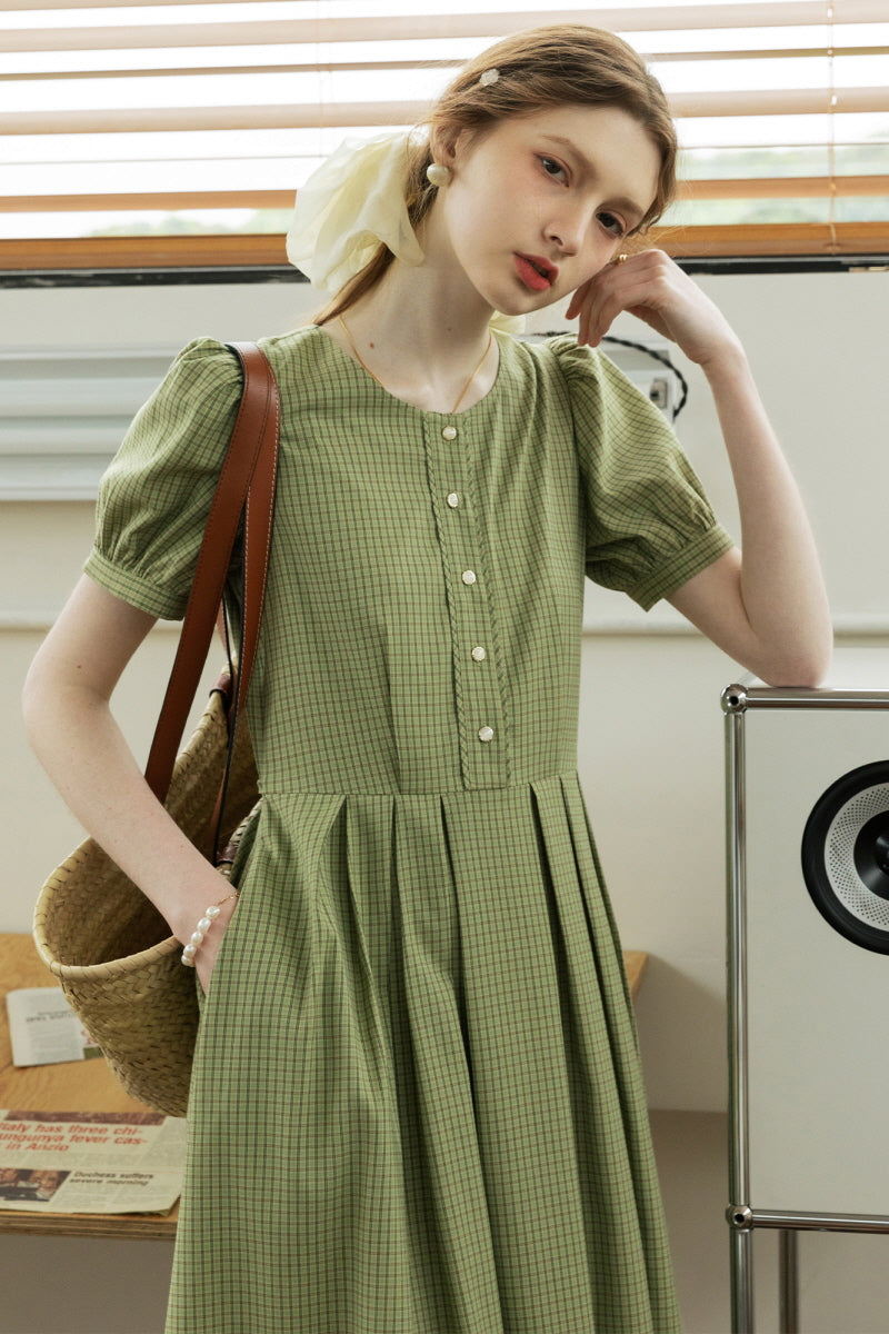 French Vintage Crew Neck Pleated Skirt Dress