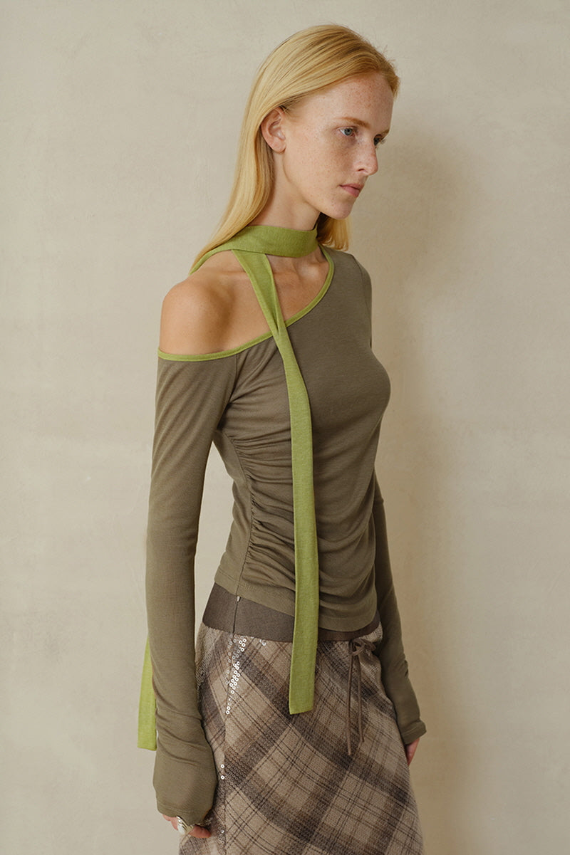 Slanted Shoulder Contrast Panel Knit Top