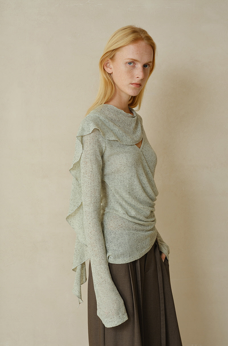 Cross-Drape Pleated V-Neck Flared Sleeve Top