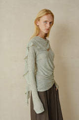 Cross-Drape Pleated V-Neck Flared Sleeve Top