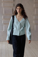 Saddle-Shoulder Pocket V-Neck Cardigan