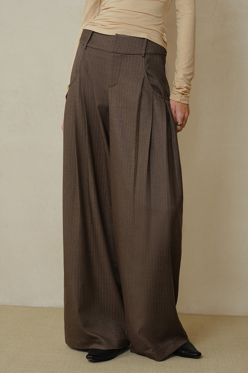 Curved Pocket Pleated Wide-Leg Pants