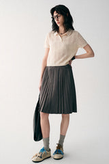 Cut-Out Texture Polo Neck Short Sleeve Smock T-Shirt