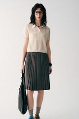 Cut-Out Texture Polo Neck Short Sleeve Smock T-Shirt