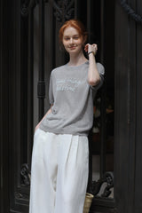 Contrast Embroidery Monogram Short Sleeve Sweater