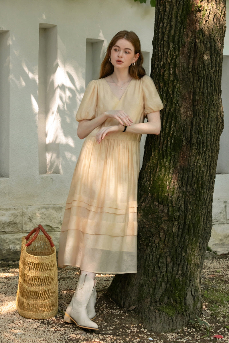 V-Neck Balloon Sleeve Cake Dress