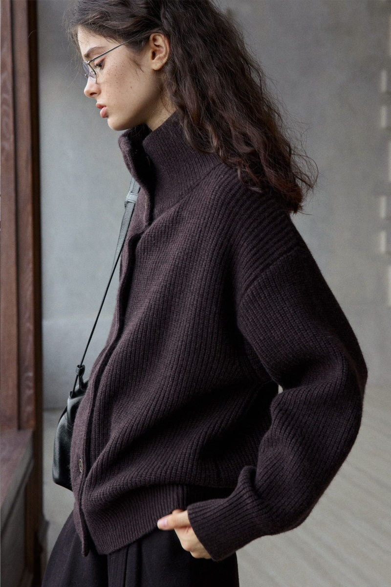 Stand-Collar Dropped-Shoulder Knit Cardigan