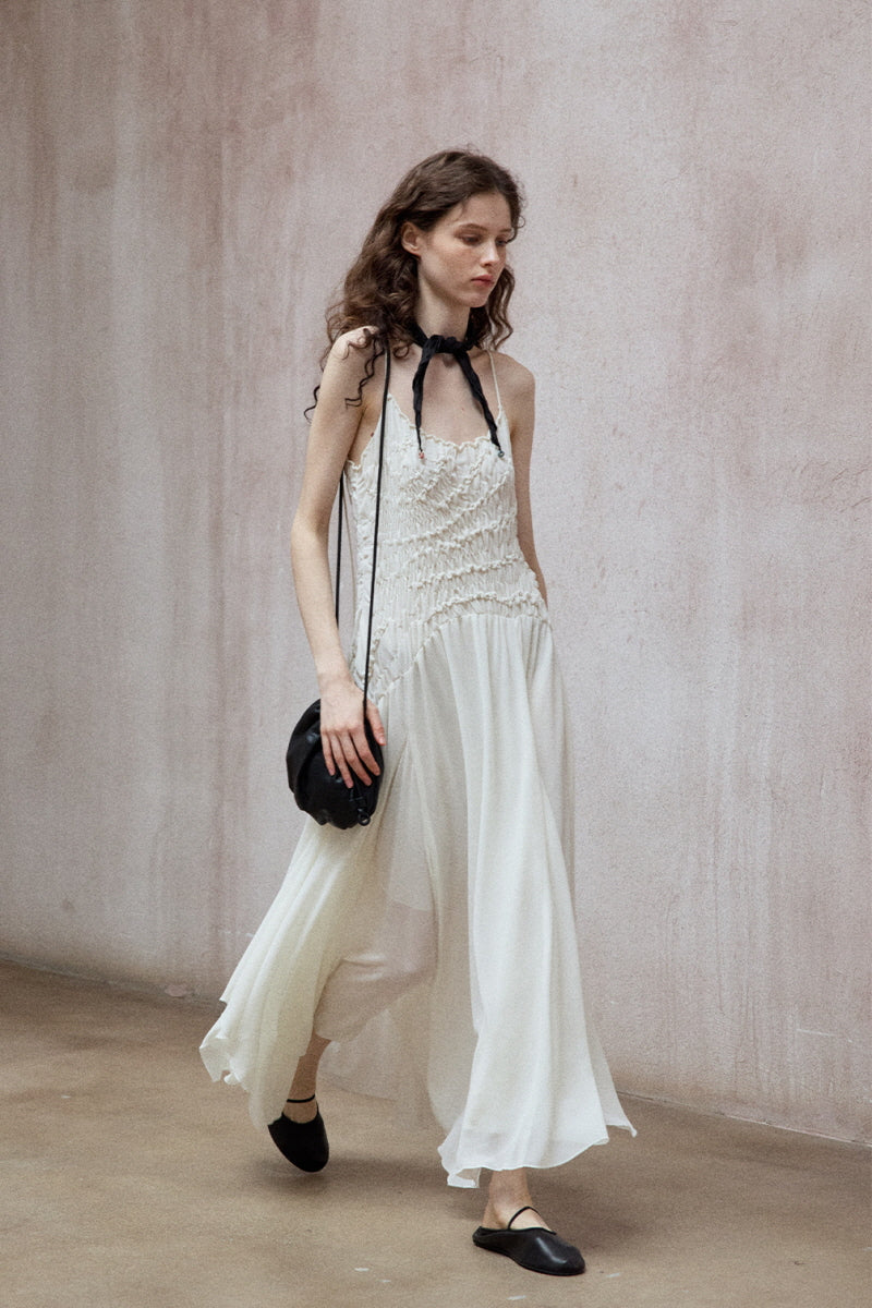 Pleated Asymmetrical Midi Slip Dress