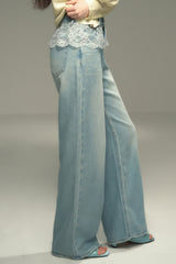 Panelled Lace Straight-Leg Jeans