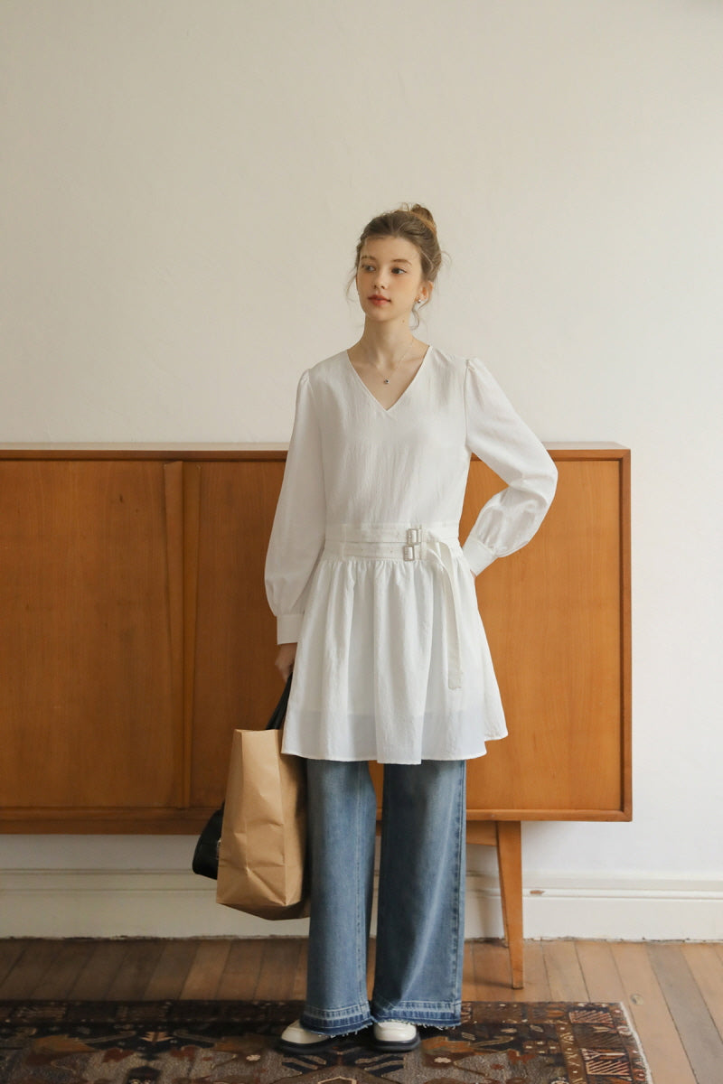 Double Belt Cinched V-Neck Long Sleeve Dress