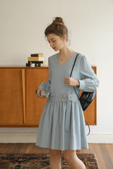 Double Belt Cinched V-Neck Long Sleeve Dress