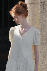 Split V-Neck Puff Sleeve Shirt Dress